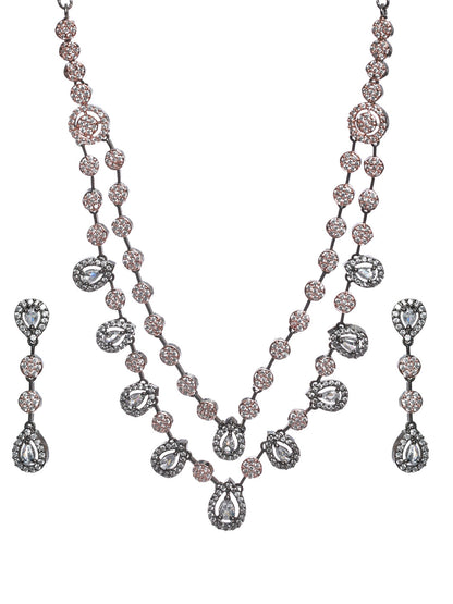 Priyaasi Black Rose Gold Plated AD Studded Dual-Layered Jewellery Set