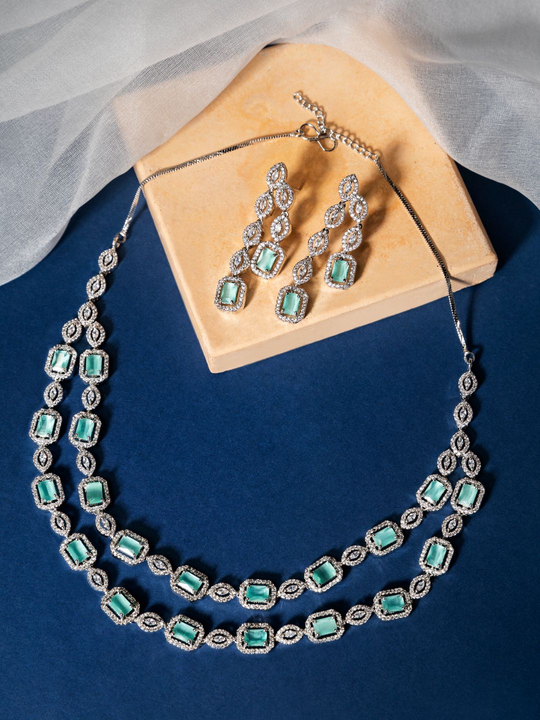 Priyaasi Mint Green Silver Plated AD Studded Dual-Layered Jewellery Set