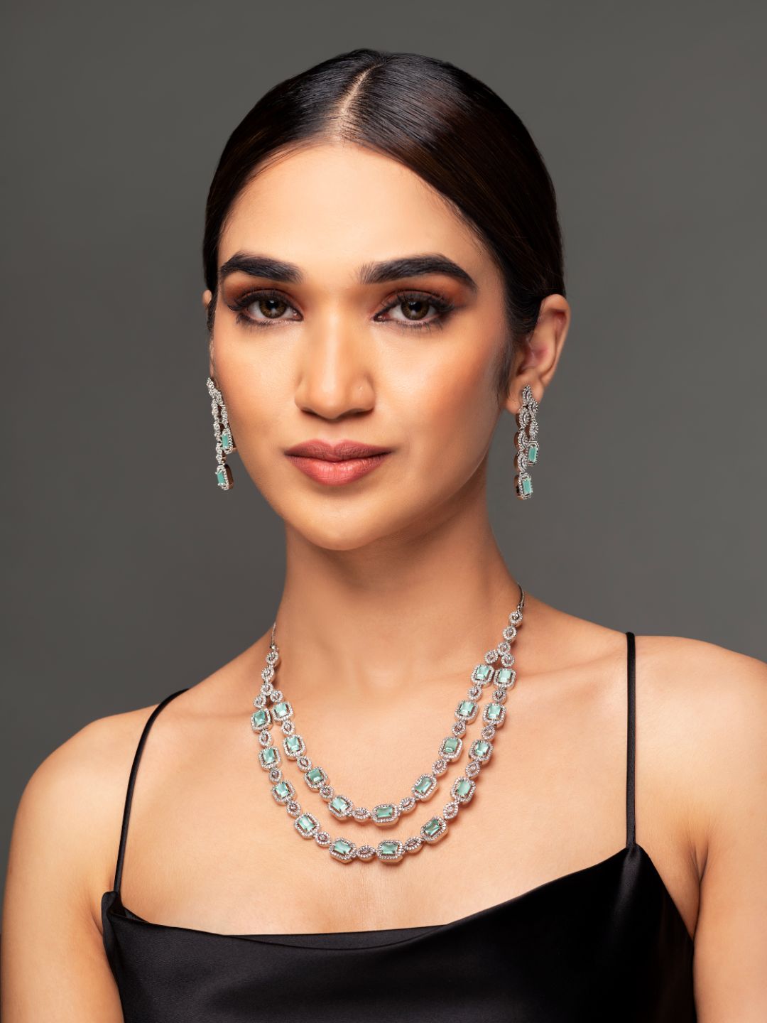 Priyaasi Mint Green Silver Plated AD Studded Dual-Layered Jewellery Set