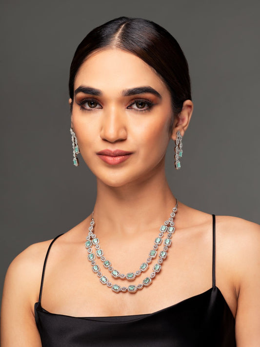 Priyaasi Mint Green Silver Plated AD Studded Dual-Layered Jewellery Set