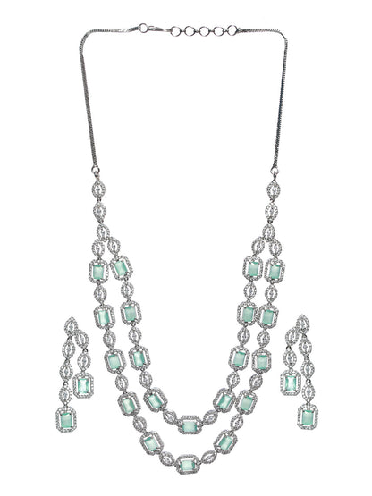 Priyaasi Mint Green Silver Plated AD Studded Dual-Layered Jewellery Set