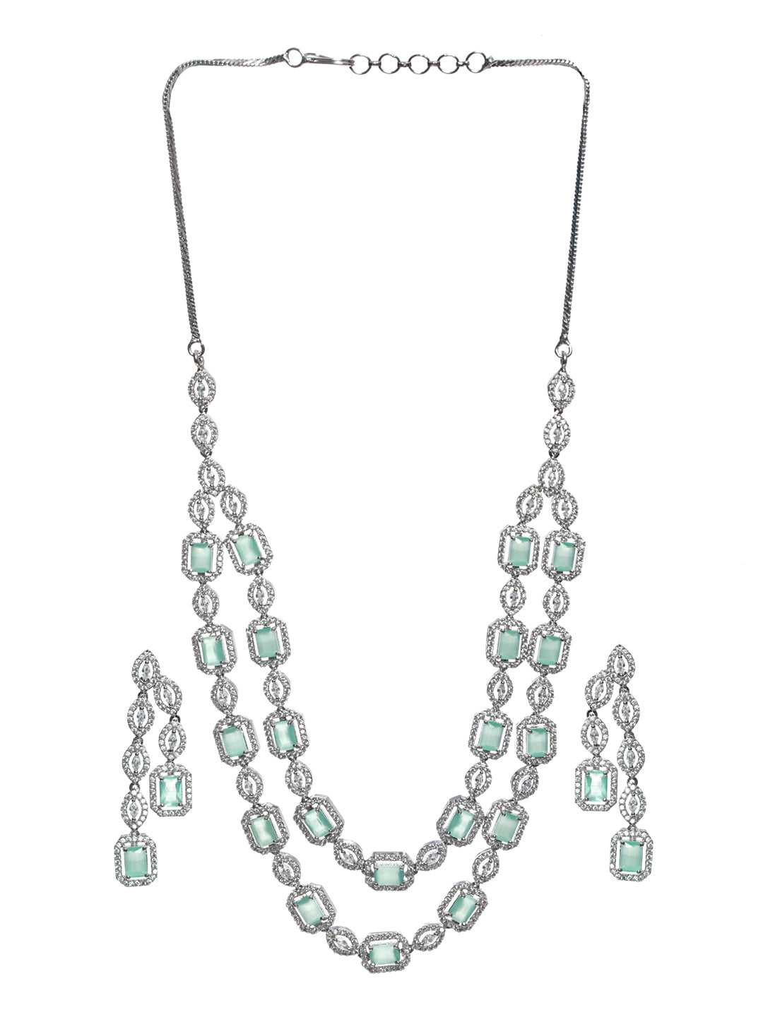 Priyaasi Mint Green Silver Plated AD Studded Dual-Layered Jewellery Set