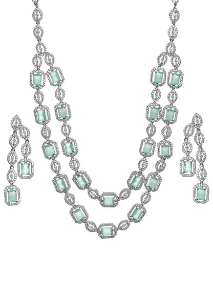 Priyaasi Mint Green Silver Plated AD Studded Dual-Layered Jewellery Set