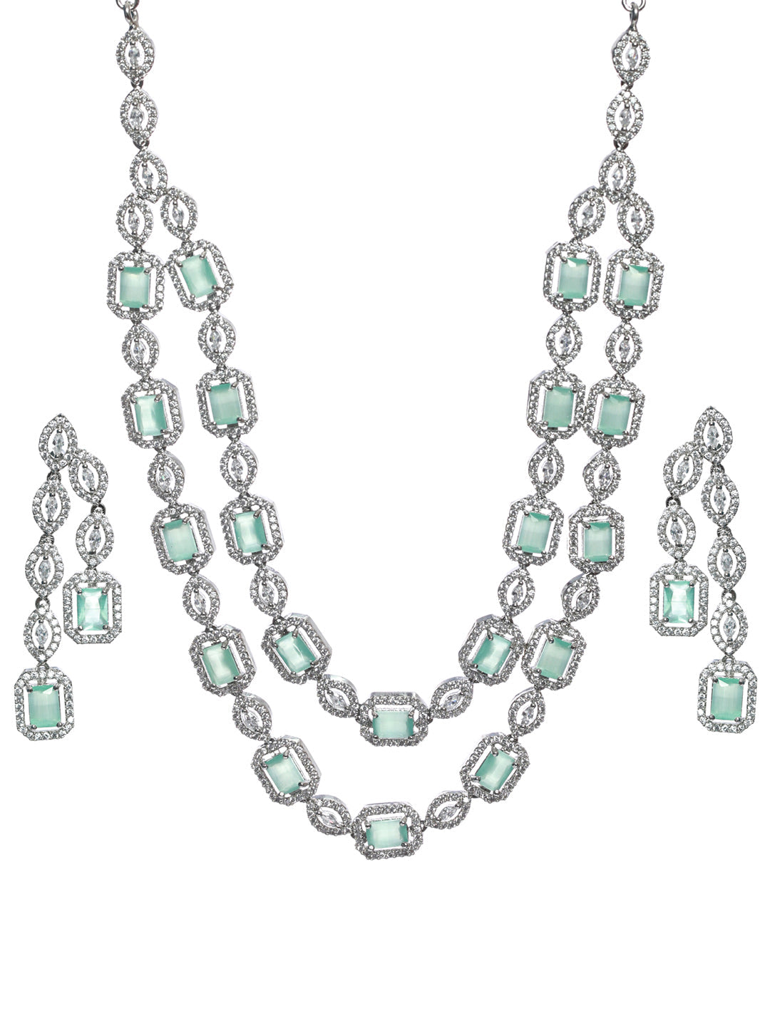 Priyaasi Mint Green Silver Plated AD Studded Dual-Layered Jewellery Set