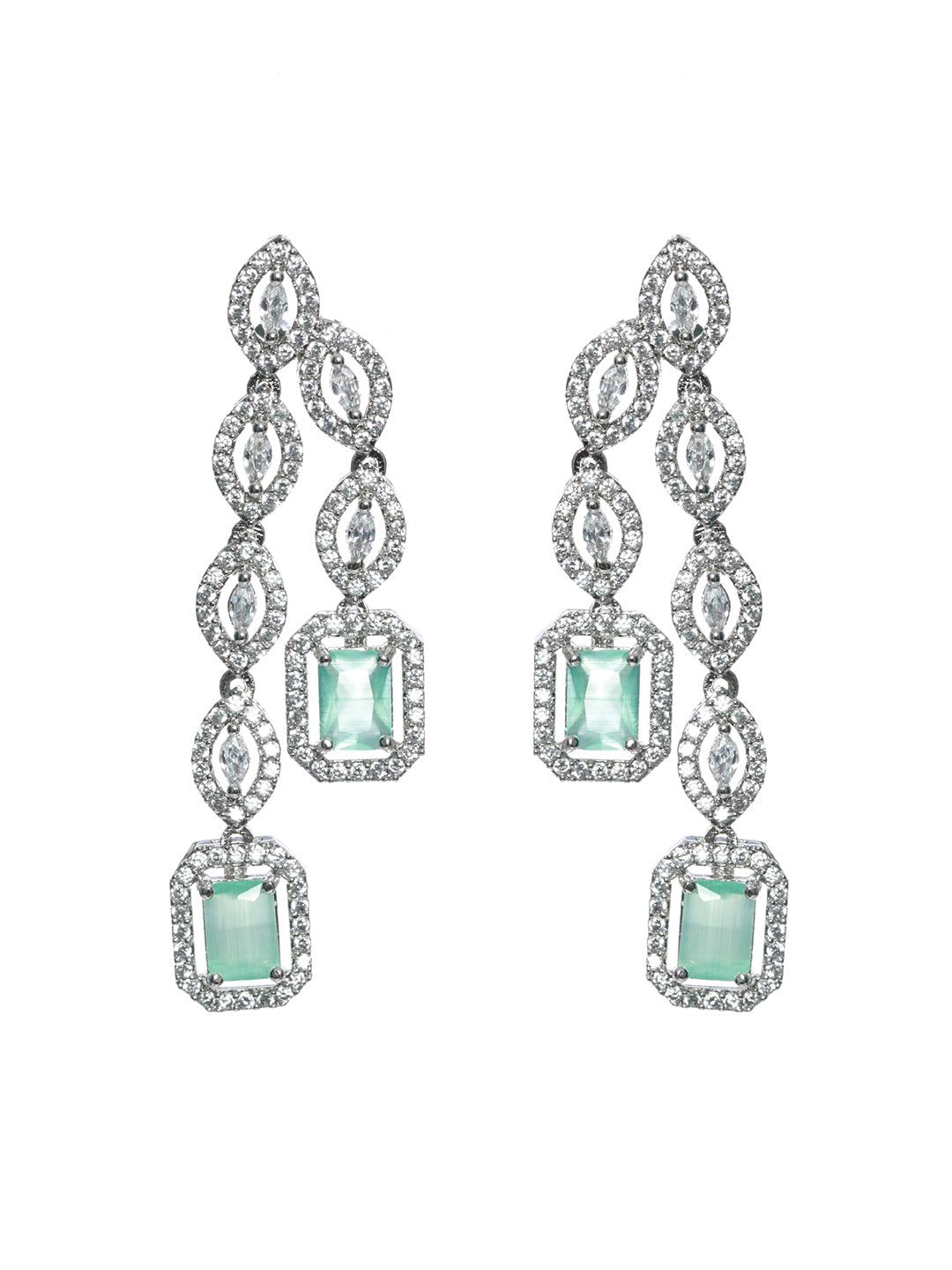 Priyaasi Mint Green Silver Plated AD Studded Dual-Layered Jewellery Set