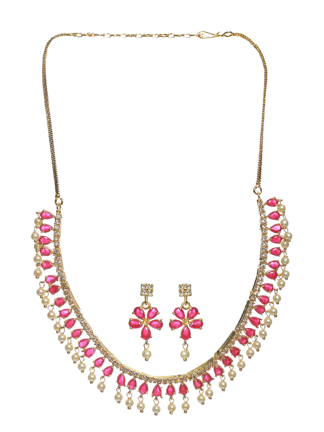 Priyaasi Red Floral Leaf Gold Plated Jewellery Set