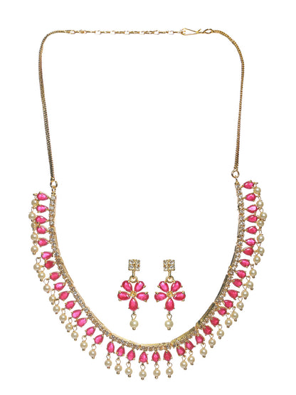 Priyaasi Red Floral Leaf Gold Plated Jewellery Set