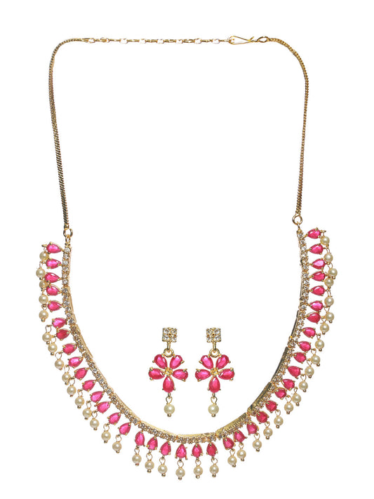 Priyaasi Red Floral Leaf Gold Plated Jewellery Set