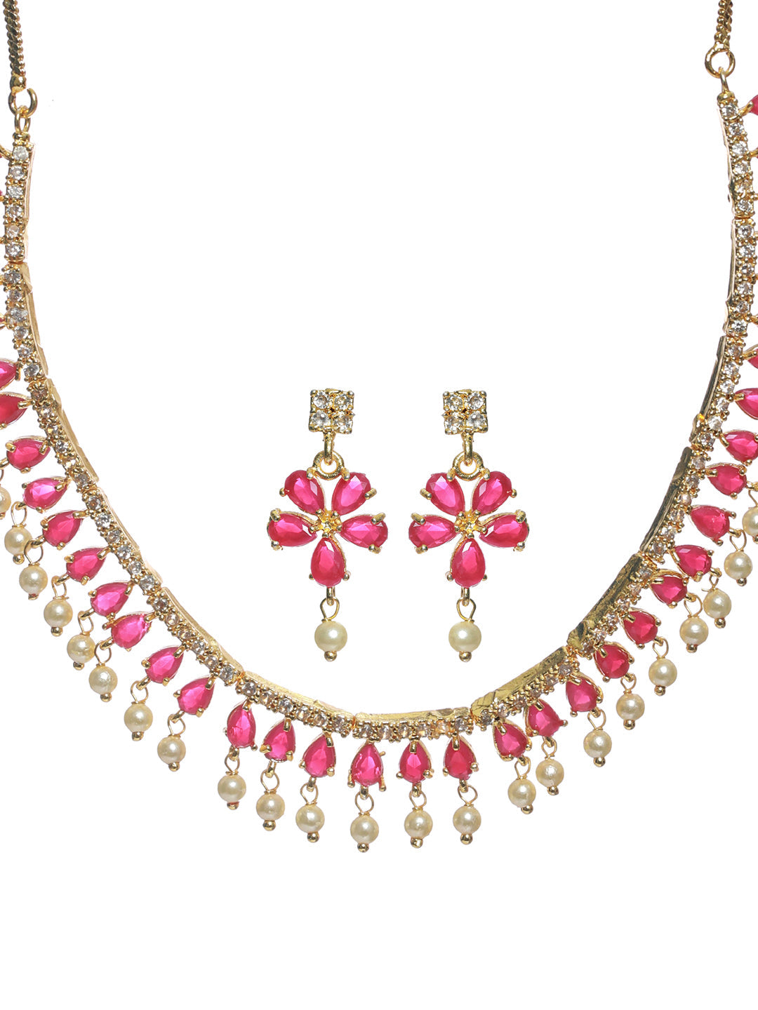 Priyaasi Red Floral Leaf Gold Plated Jewellery Set