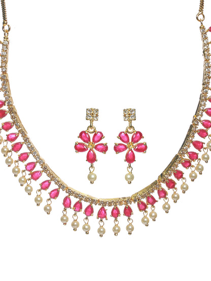 Priyaasi Red Floral Leaf Gold Plated Jewellery Set