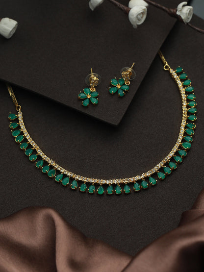 Priyaasi Green Leaf Gold Plated AD Studded Jewellery Set