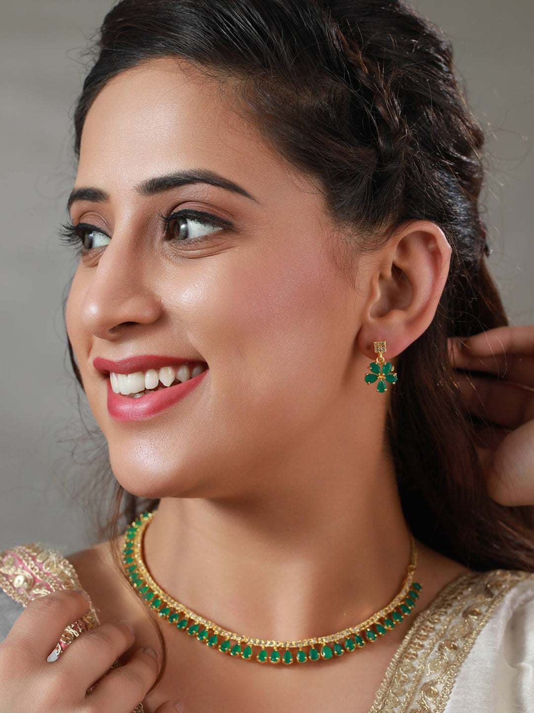 Priyaasi Green Leaf Gold Plated AD Studded Jewellery Set