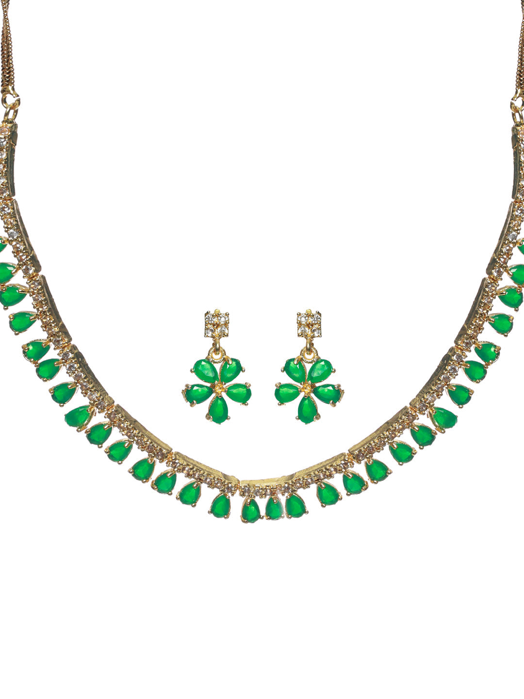 Priyaasi Green Leaf Gold Plated AD Studded Jewellery Set