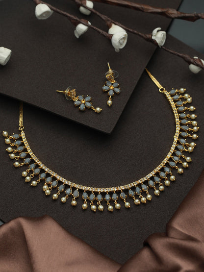 Priyaasi Grey Floral Leaf Gold Plated Jewellery Set