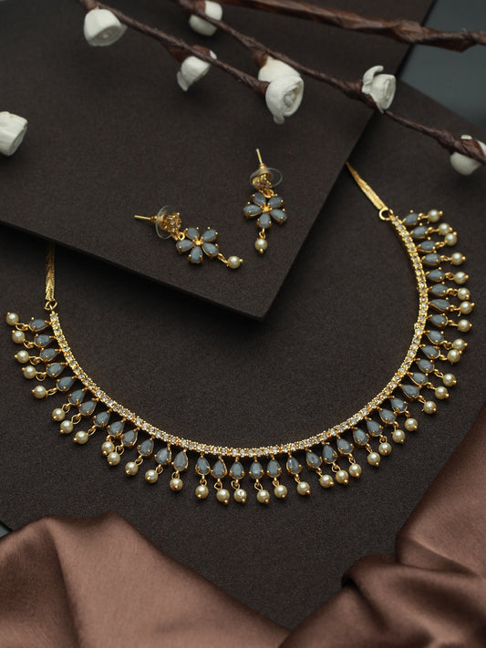 Priyaasi Grey Floral Leaf Gold Plated Jewellery Set