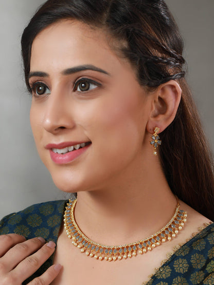 Priyaasi Grey Floral Leaf Gold Plated Jewellery Set