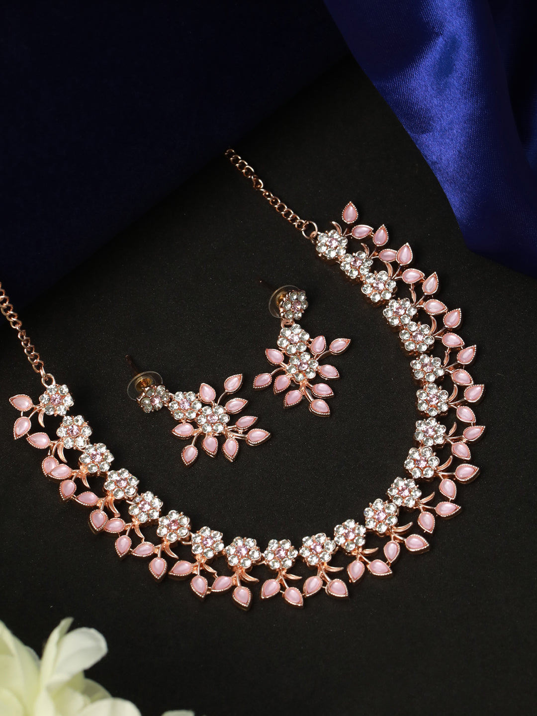 Priyaasi Pink Studded Floral Rose Gold Plated Jewellery Set