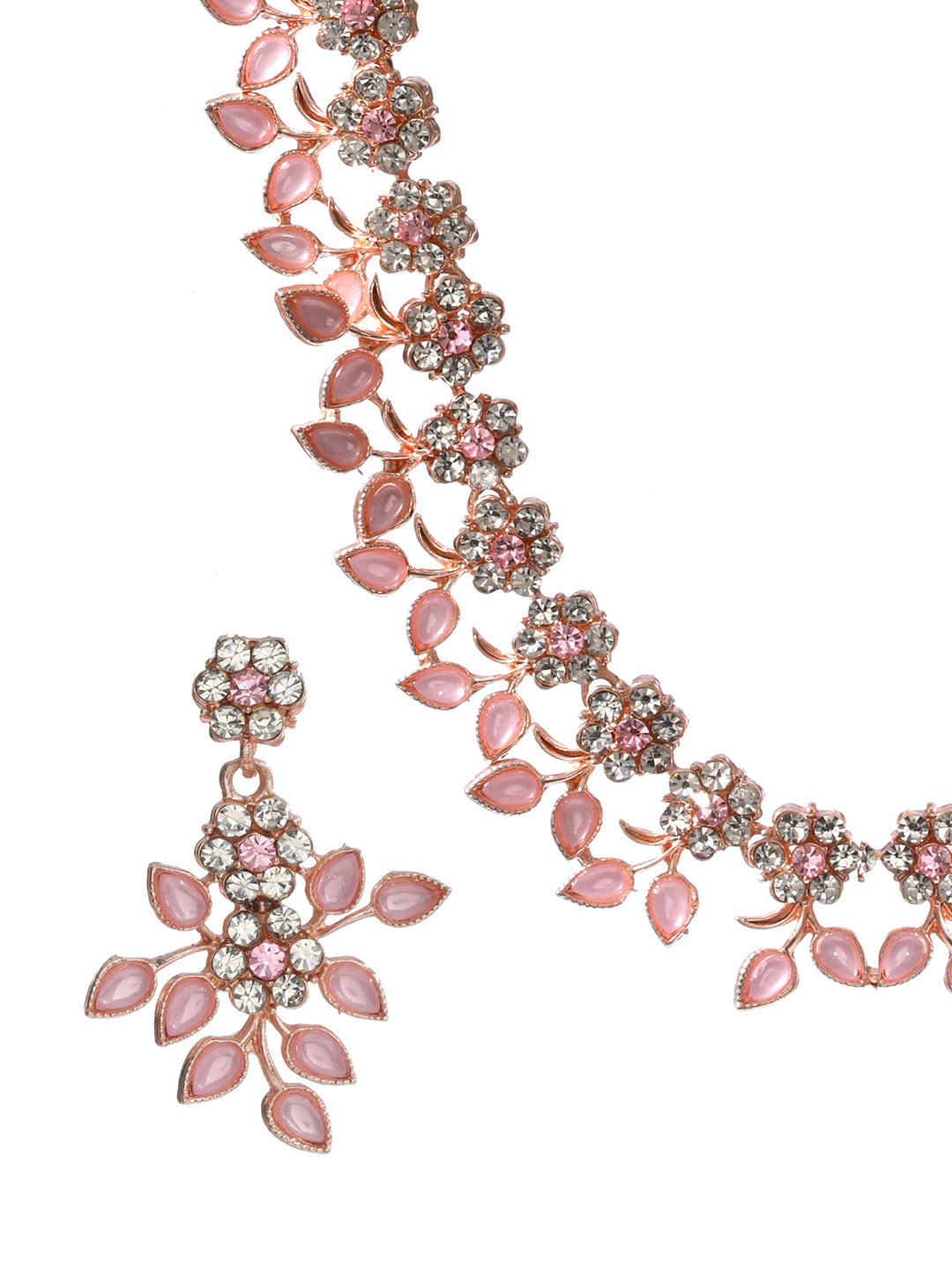 Priyaasi Pink Studded Floral Rose Gold Plated Jewellery Set