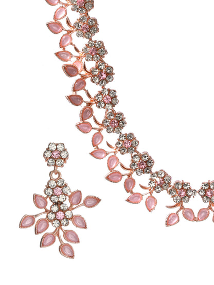 Priyaasi Pink Studded Floral Rose Gold Plated Jewellery Set