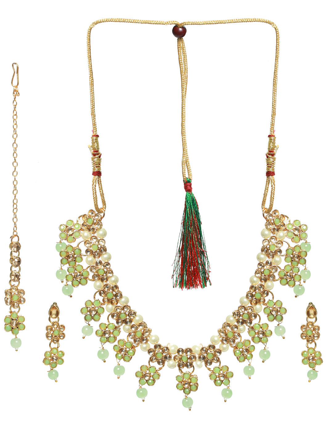 Priyaasi Green Floral Gold Plated Jewellery Set with Maangtikka