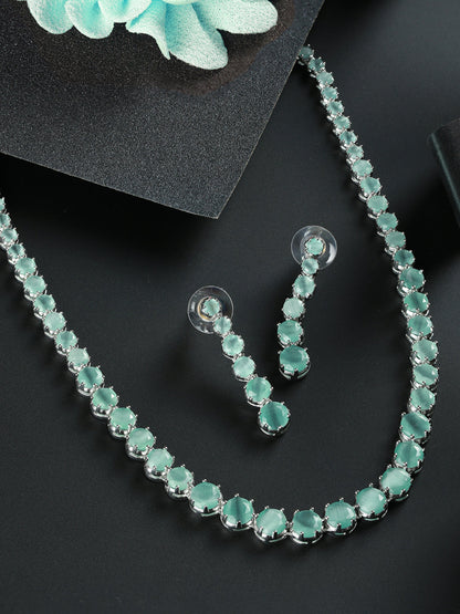 Priyaasi Mint Green Solitaire Silver Plated Jewellery Set