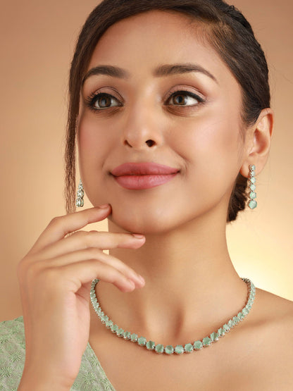 Priyaasi Mint Green Solitaire Silver Plated Jewellery Set