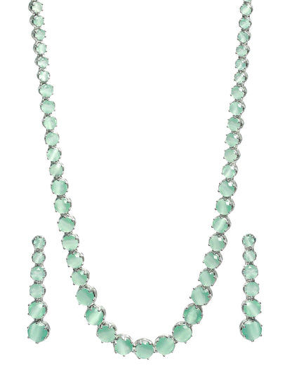 Priyaasi Mint Green Solitaire Silver Plated Jewellery Set