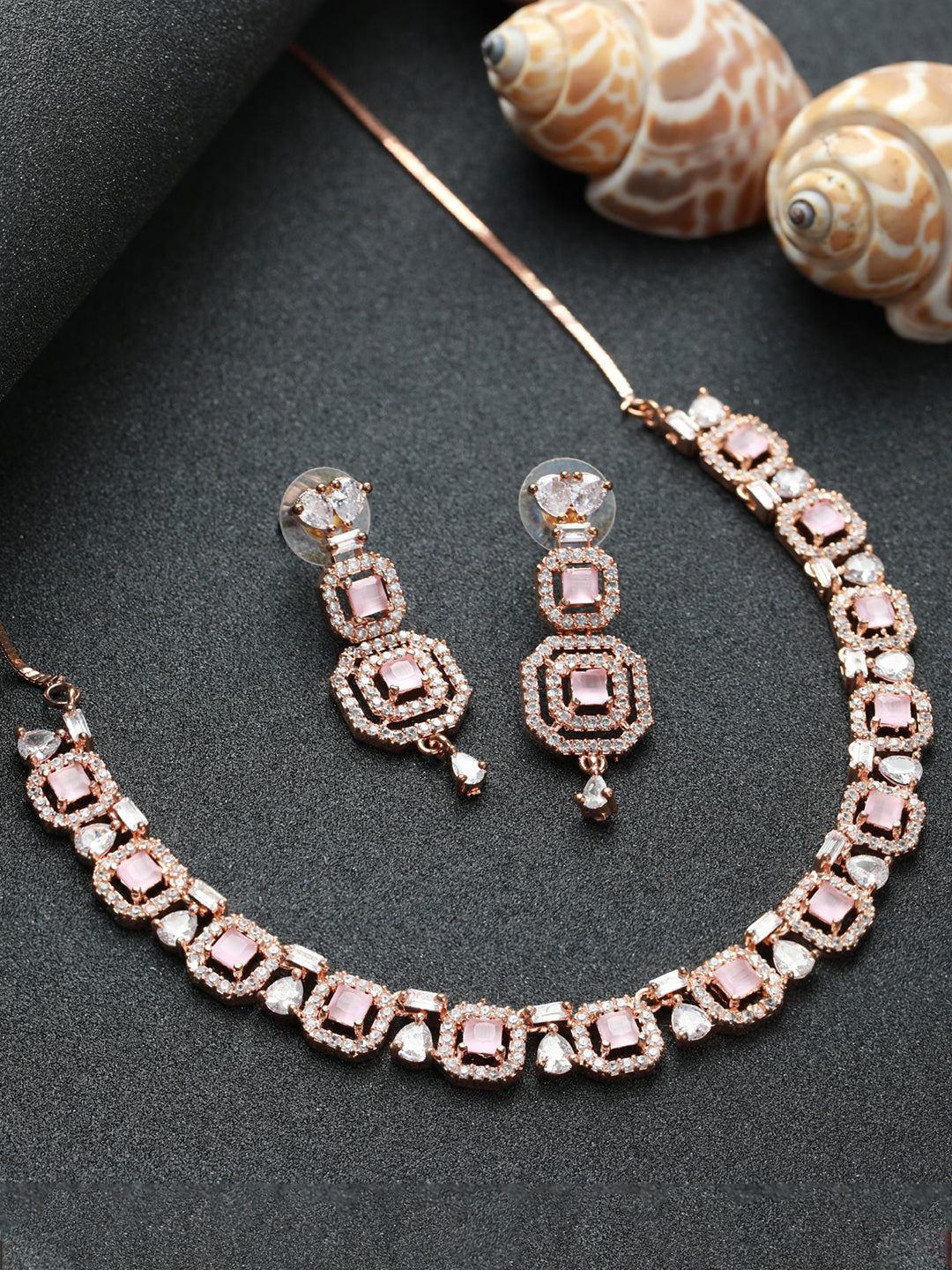 Priyaasi Pink Floral AD Rose Gold Plated Jewellery Set