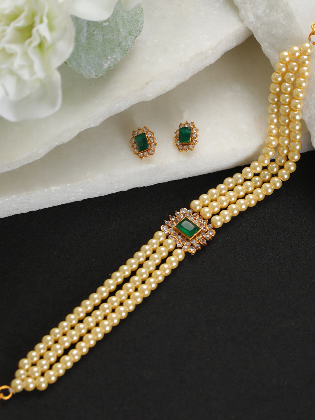 Priyaasi Studded Pearl Multilayer Gold-Plated Choker Jewellery Set