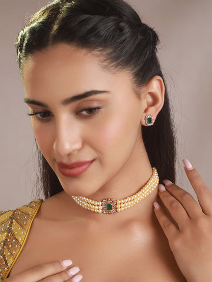 Priyaasi Studded Pearl Multilayer Gold-Plated Choker Jewellery Set