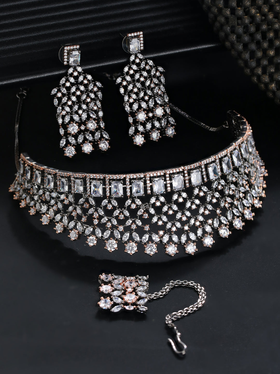 Priyaasi Floral Leaf American Diamond Choker Jewellery Set