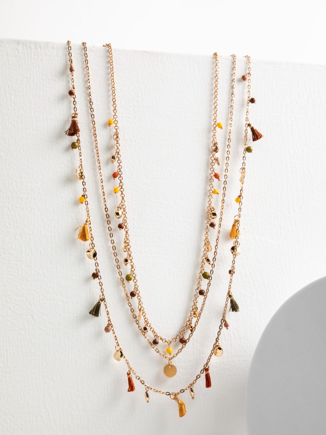 Multicolor Beaded Charm Tasselled Link Gold-Plated Necklace