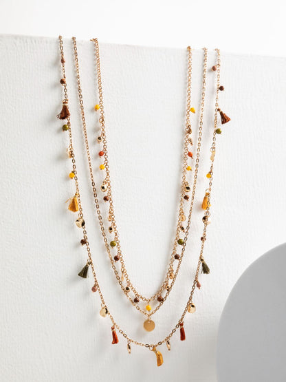 Multicolor Beaded Charm Tasselled Link Gold-Plated Necklace