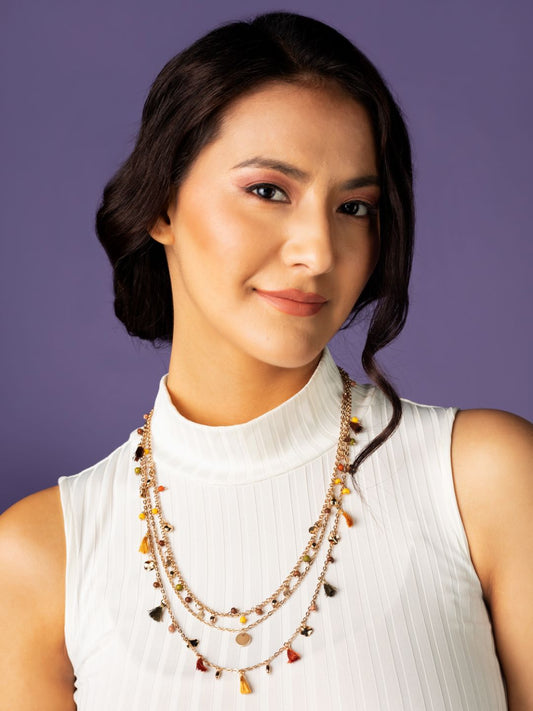 Multicolor Beaded Charm Tasselled Link Gold-Plated Necklace
