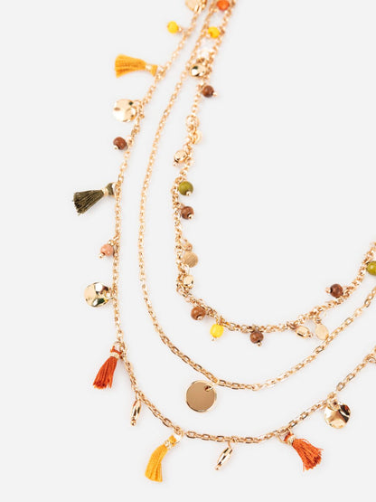 Multicolor Beaded Charm Tasselled Link Gold-Plated Necklace