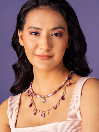 Purple Sequin Stack Beaded Charm Gold-Plated Necklace