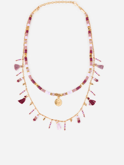 Purple Sequin Stack Beaded Charm Gold-Plated Necklace
