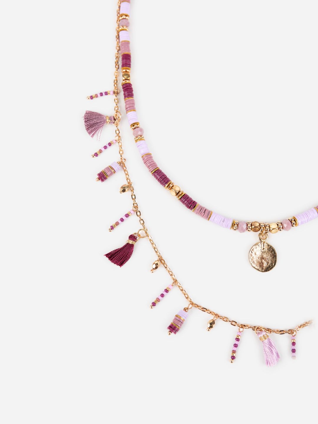 Purple Sequin Stack Beaded Charm Gold-Plated Necklace