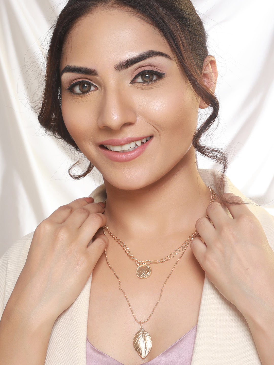 Embossed Leaf Design Dual-Layered Gold-Plated Necklace