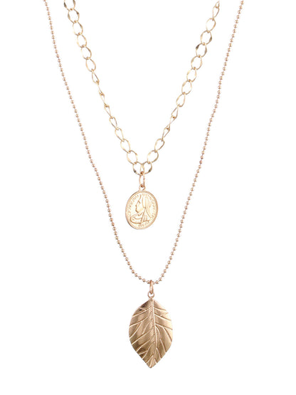 Embossed Leaf Design Dual-Layered Gold-Plated Necklace
