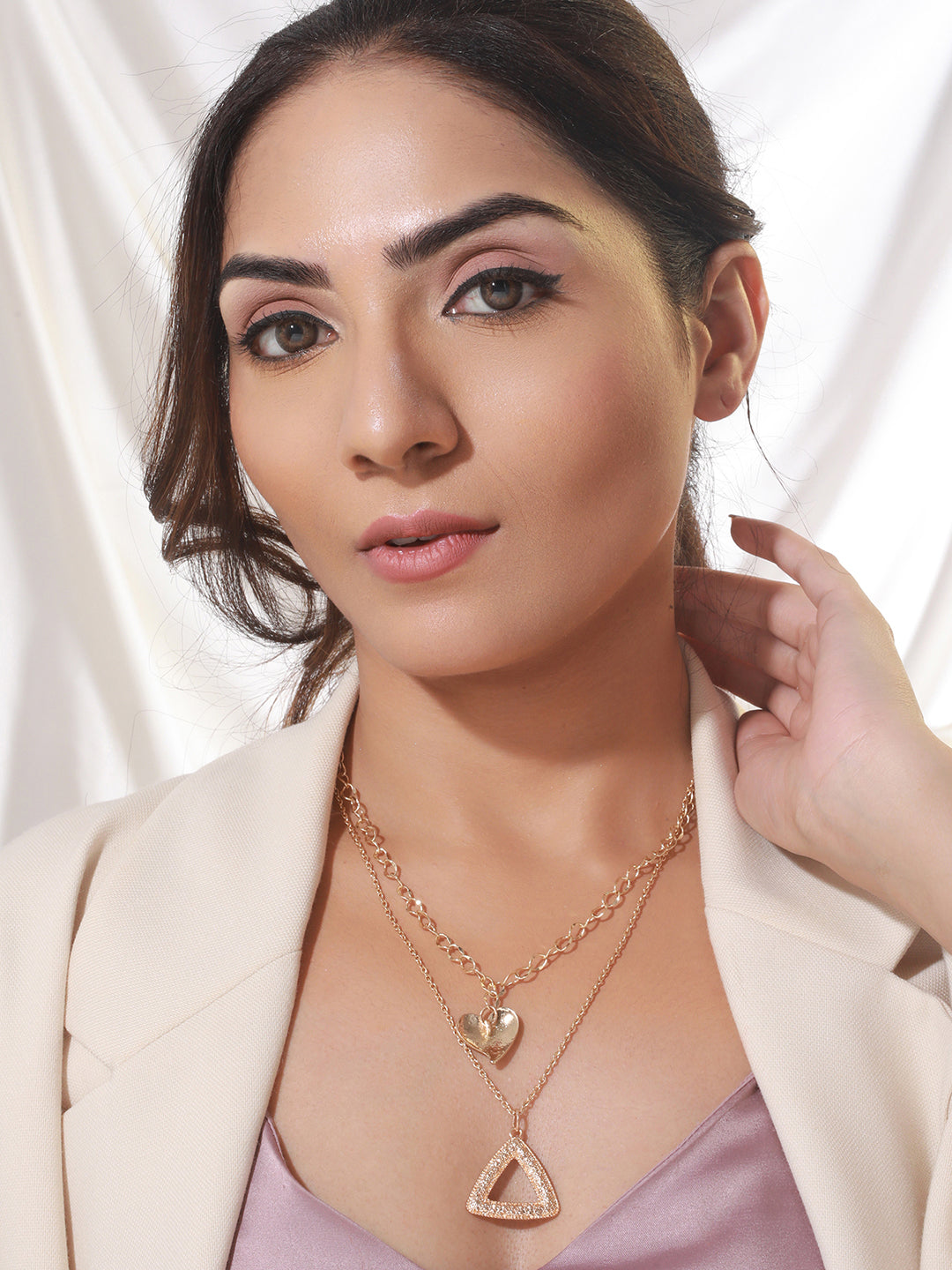 Dual-Layer Triangular Heart Drop Link Style Gold-Plated Necklace