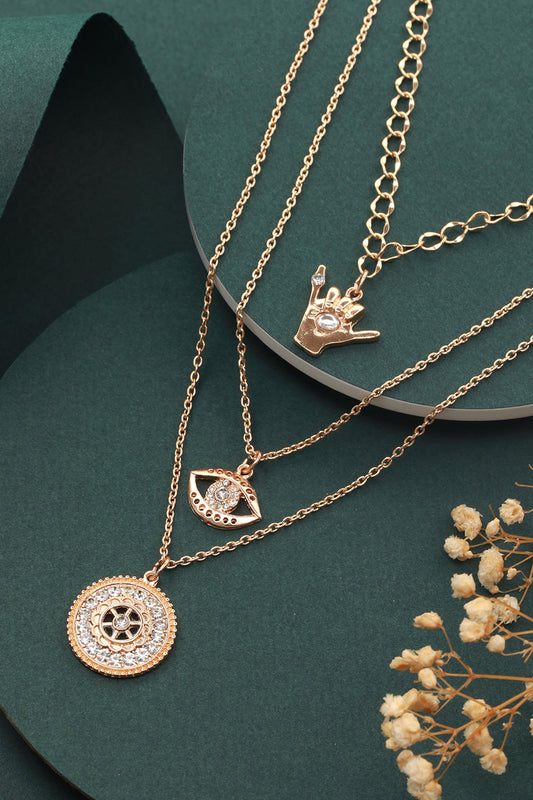 Floral Eye Design Layered Studded Gold-Plated Necklace