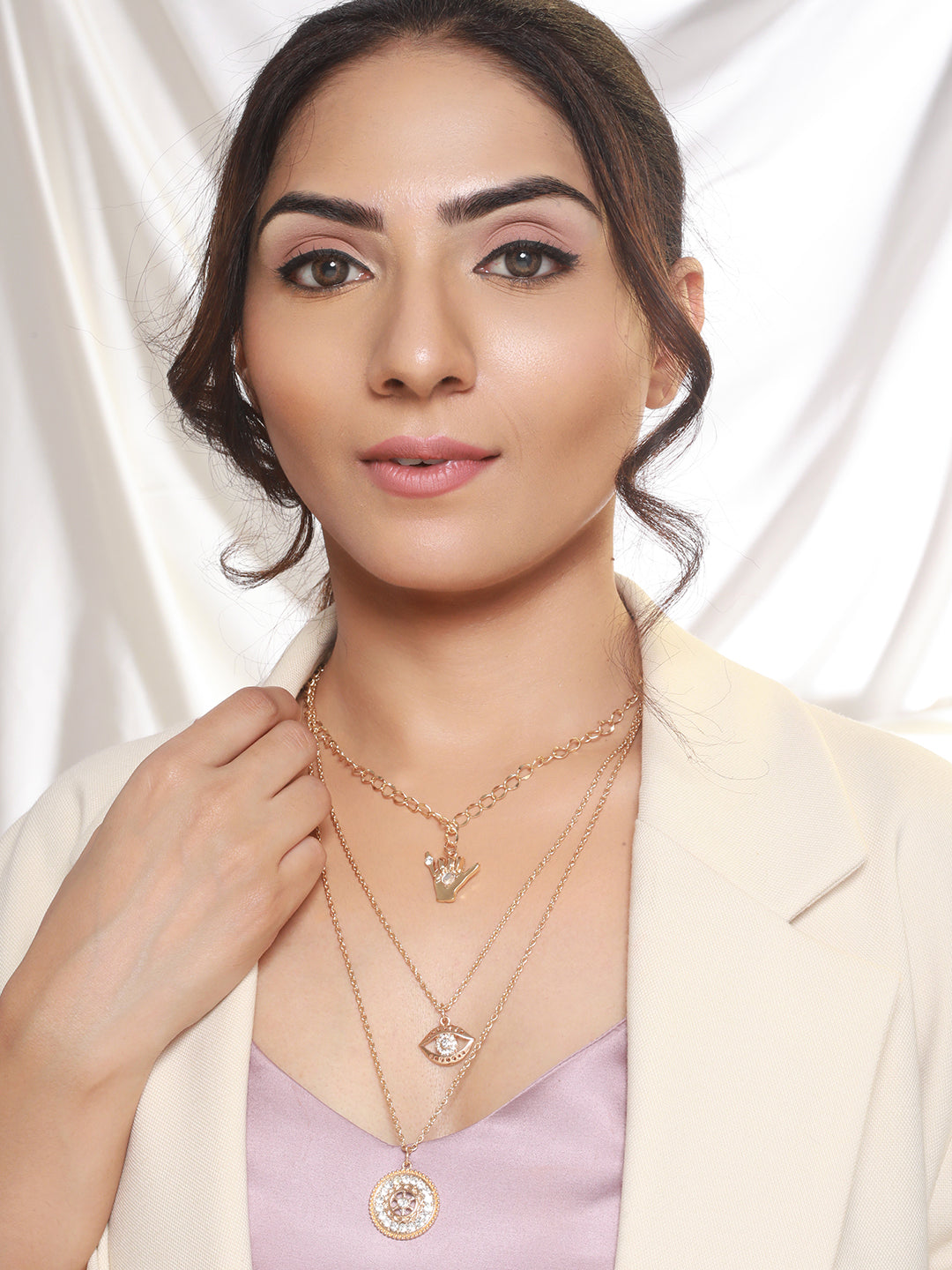 Floral Eye Design Layered Studded Gold-Plated Necklace