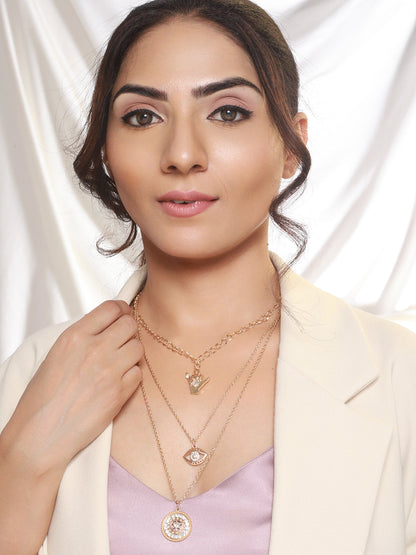 Floral Eye Design Layered Studded Gold-Plated Necklace