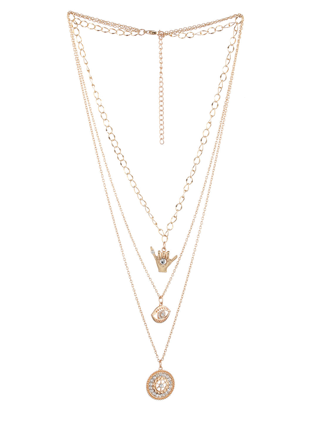 Floral Eye Design Layered Studded Gold-Plated Necklace