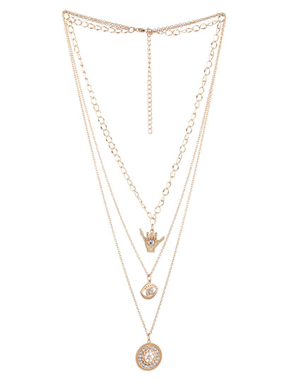 Floral Eye Design Layered Studded Gold-Plated Necklace