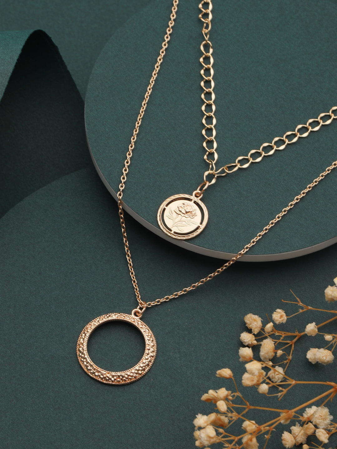 Round Embossed Flower Link Dual-Layered Gold-Plated Necklace