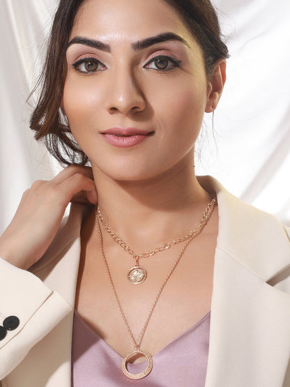 Round Embossed Flower Link Dual-Layered Gold-Plated Necklace