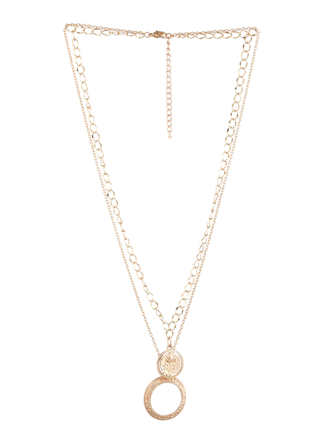 Round Embossed Flower Link Dual-Layered Gold-Plated Necklace