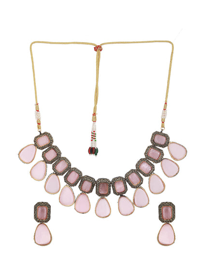 Pink Stone Block Drops Gold-Plated Choker Jewellery Set